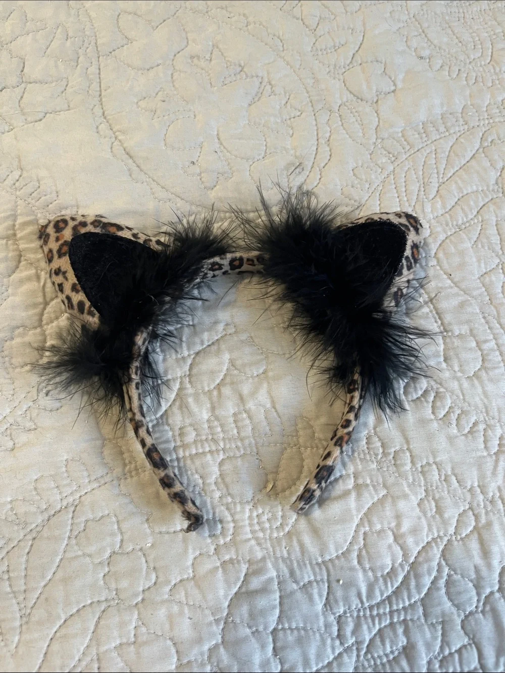 Leopard Print Cat Ear Headband with Black Feathers
